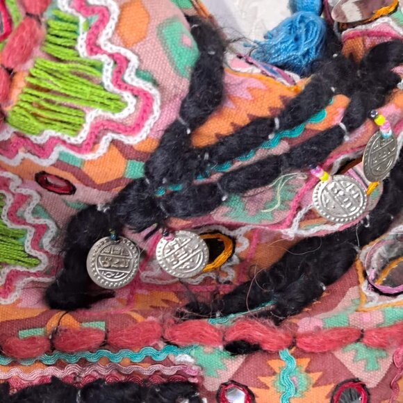 Sondra Roberts Large Orange Shoulder Tote Bag Embroidered Mirrors Coins Tassels - Picture 4 of 15